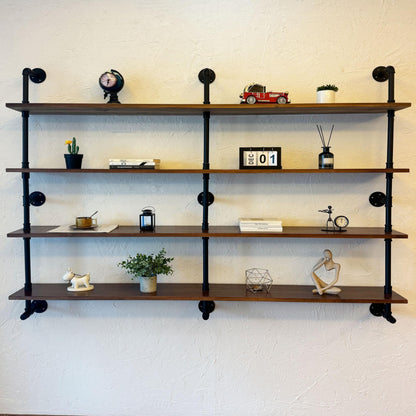 Industrial Pipe Wall Shelves With Real Wood Plank, 70 Inches Floating Shelves for Wall, 4 Tier Farmhouse Book Shelves, Dark Brown for Kitchen, Living Room Decor and Bar