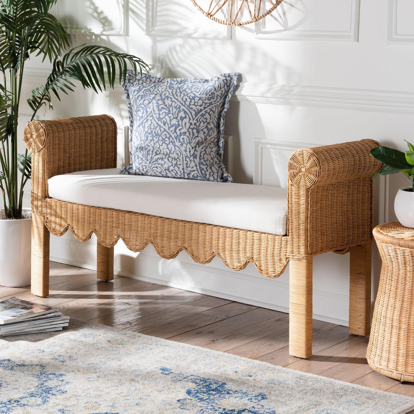 Bali & pari Reiko Handwoven Natural Rattan Bench with Scalloped Detailing – Boho Farmhouse Entryway, Bedroom, or Living Room Accent Seating