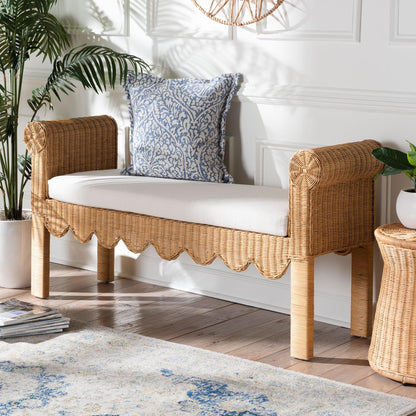 Bali & pari Reiko Handwoven Natural Rattan Bench with Scalloped Detailing – Boho Farmhouse Entryway, Bedroom, or Living Room Accent Seating