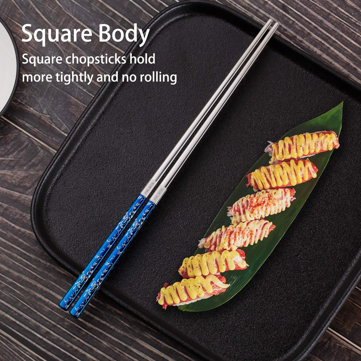 Titanium Plated Chopstick Stainless Steel Chopsticks Metal Chopsticks Reusable Dishwasher safe Premium Laser Engraved Chop Sticks for Eating 2 Pairs Gift Set Blue Silver