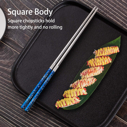Titanium Plated Chopstick Stainless Steel Chopsticks Metal Chopsticks Reusable Dishwasher safe Premium Laser Engraved Chop Sticks for Eating 2 Pairs Gift Set Blue Silver
