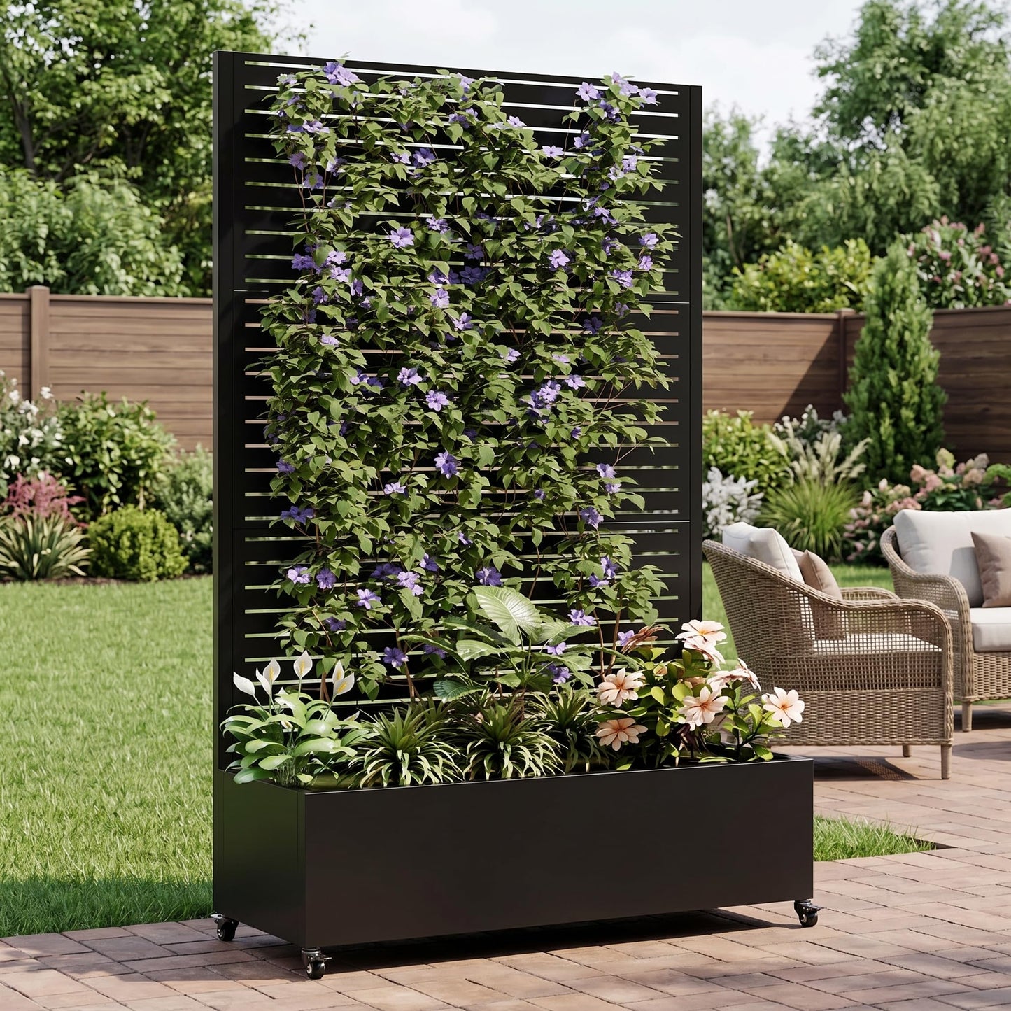 Nevoc Metal Raised Garden Bed, Outdoor Planter Box with Trellis on Wheels, Weather-Resistant Plant Planter for Climbing Plants Flower Vegetables for Patio Backyard Poolside (73"x47"x16", A)