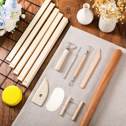 Baderke 20 Pcs Pottery Teaching Set, Includes 1 Wooden Rolling Pin, 10 Pottery Teaching Rolling Mud Stick Guide, 8 Clay Sculpting Tools, 1 Special Linen for Ceramic Clay Making