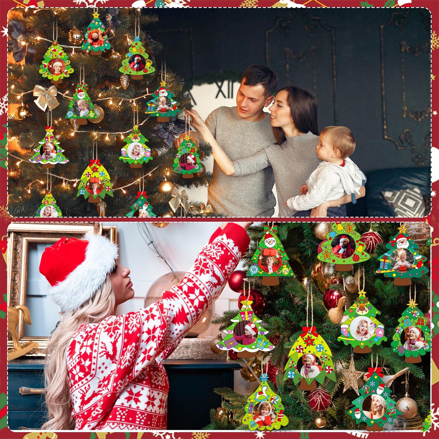 Qunclay 12 Pcs Unfinished Wood Christmas Picture Frame 12 Styles DIY Christmas Tree Photo Frame Wooden Ornaments with Paint Set for Xmas Tree Home Decoration