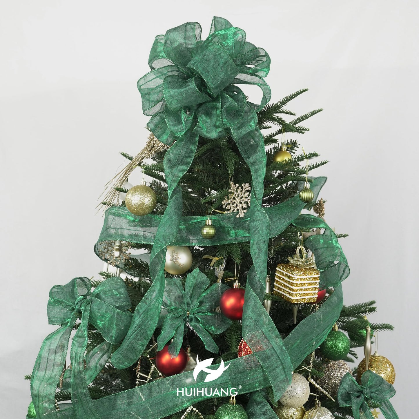 HUIHUANG Dark Green Wired Ribbon 2.5 inch Metallic Crinkle Green Wire Ribbon for Christmas Tree, Bows Making, Wreath Making Supplies, Gift Wrapping, Holiday Home Decor, DIY Crafts -10 Yards