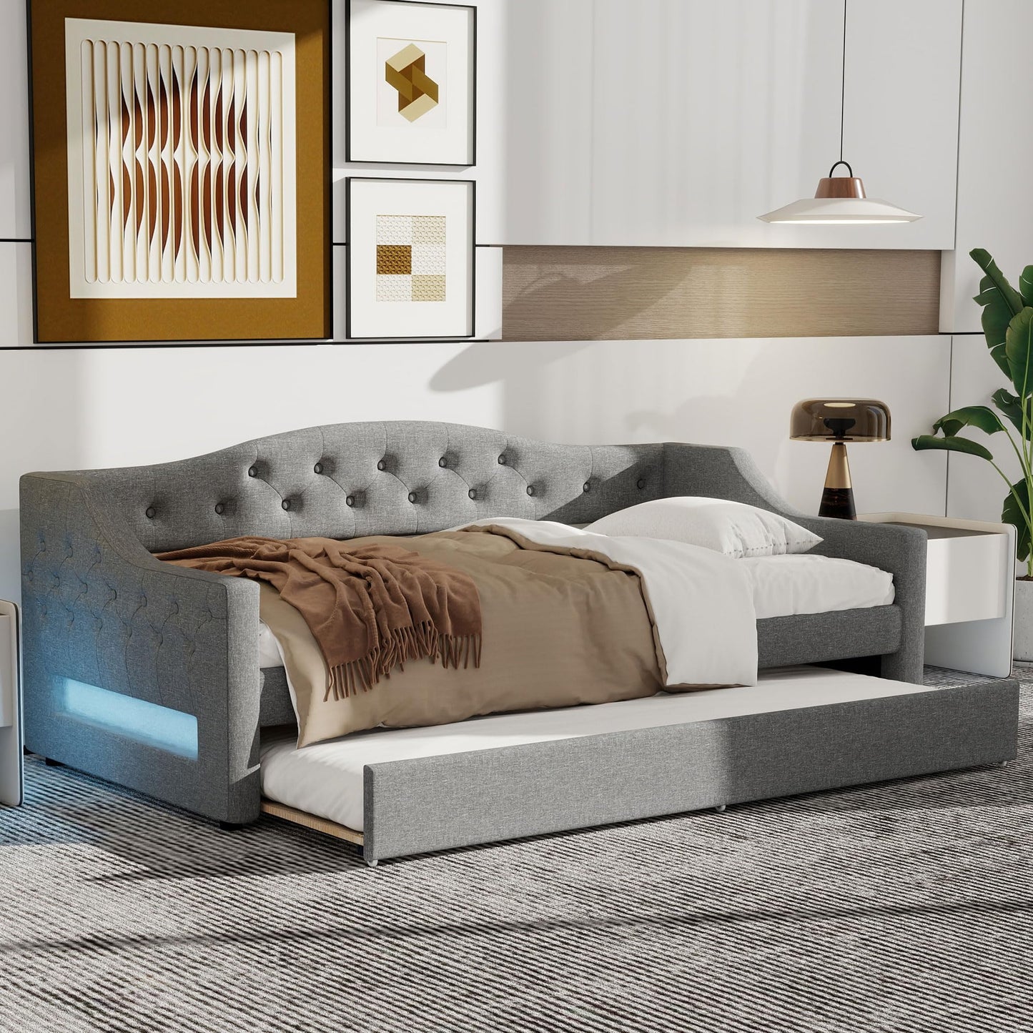 DNYN Twin XL Upholstered Daybed with Trundle(Twin) for Kids,Adults,Solid Wood Bedframe w/Led & Fabric Backrest Design,No Box Spring Needed & Easy Assembly, Gray