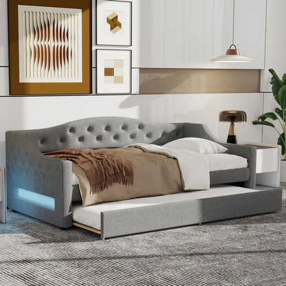 DNYN Twin XL Upholstered Daybed with Trundle(Twin) for Kids,Adults,Solid Wood Bedframe w/Led & Fabric Backrest Design,No Box Spring Needed & Easy Assembly, Gray