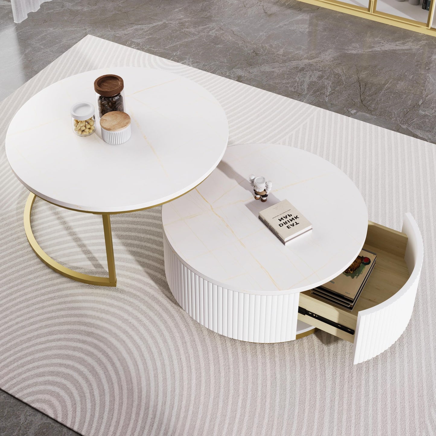 Merax Round Nesting Coffee Table Set of 2 with Storage Drawer and Marbling Tabletop, Perfect for Living Room Apartment, White