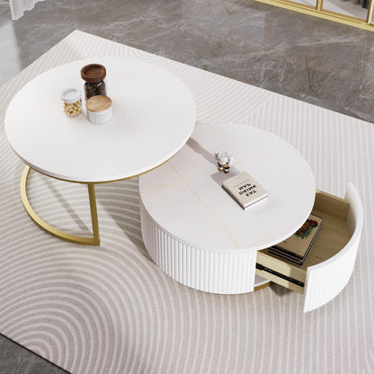 Merax Round Nesting Coffee Table Set of 2 with Storage Drawer and Marbling Tabletop, Perfect for Living Room Apartment, White