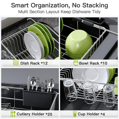 JASIWAY Dish Drying Rack in Sink, Expandable Stainless Steel Dish Drainers for Kitchen Counter, Dish Dryer Rack for Inside Sink, Over The Sink Dish Racks with Utensil Holder, Silver