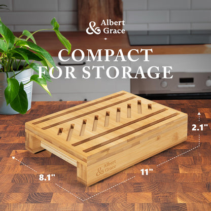 Albert & Grace Adjustable Bread Slicer – Premium Cross-Laminated Bamboo, High 6.1” Guides, 3 Width Settings, 2 Slice Thicknesses – Folds Flat – Perfect for Sourdough, Homemade Loaves & Bagels