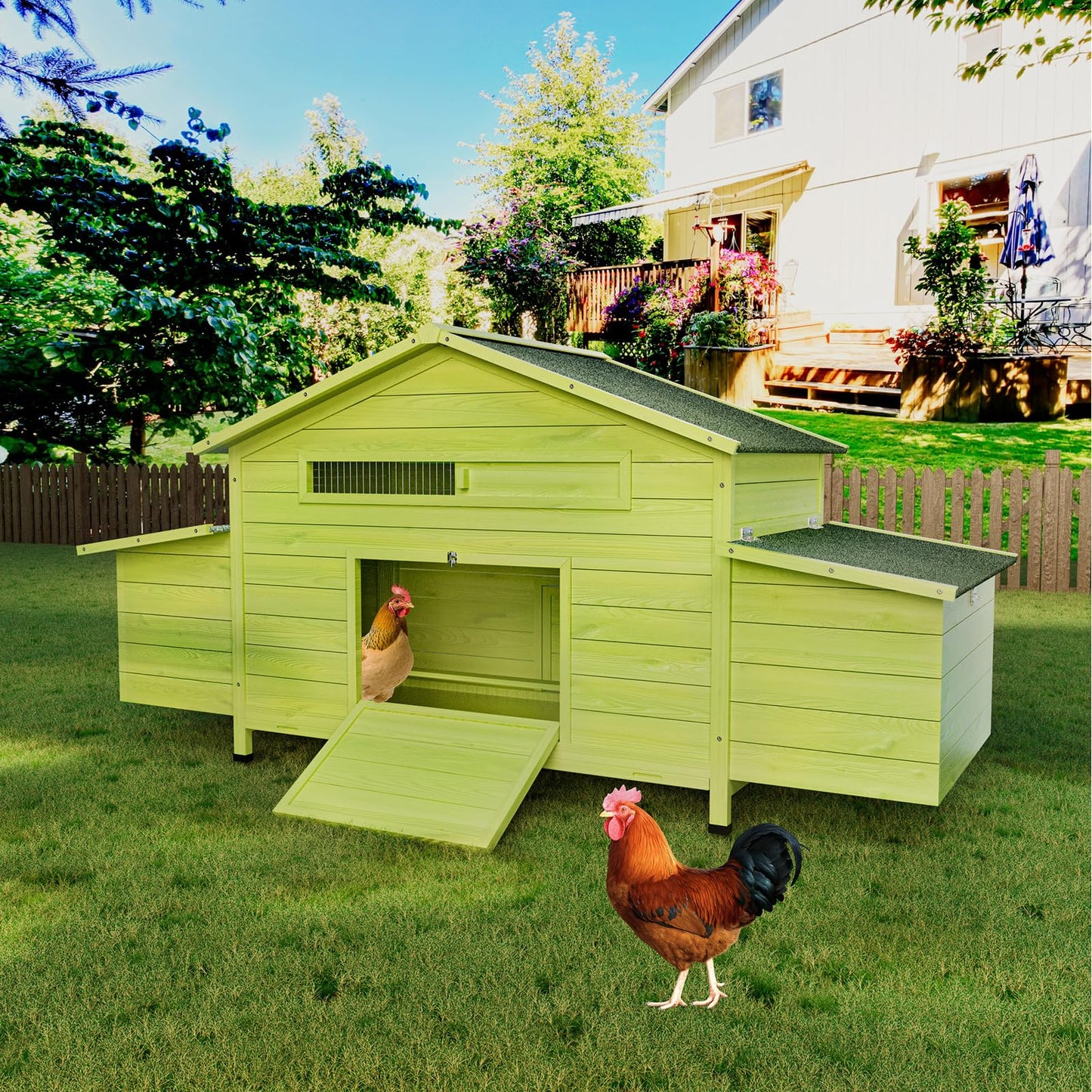 KEIKI Large Wooden Chicken Coop for 6-8 Chickens, Outdoor Hen House, Poultry Pet Hutch Cage with 2 Nesting Boxes, 2 Free-Range Doors, Perch, Pull-Out Tray, Green