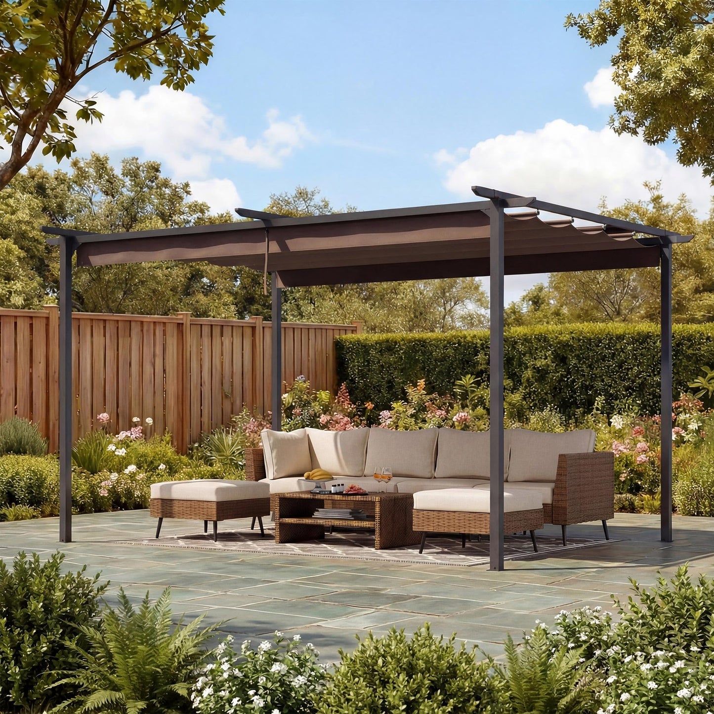 LAUSAINT HOME 10' x 13' Outdoor Retractable Pergola, Heavy-Duty Aluminum Pergola with Sun Shade Canopy for Garden, Backyard, Deck, Porch, Brown
