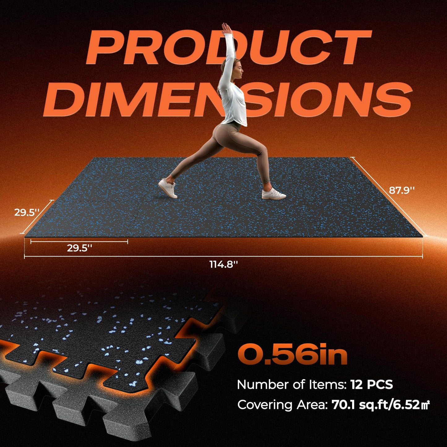 SUPERJARE 30" x 30" Larger Rubber Top Exercise Equipment Mats, 0.56" Thick,12 PCS 75 Sq Ft High-Density EVA Foam Interlocking Gym Flooring, Big Workout Mat for Home Gym, Floor Protection, Black/Blue