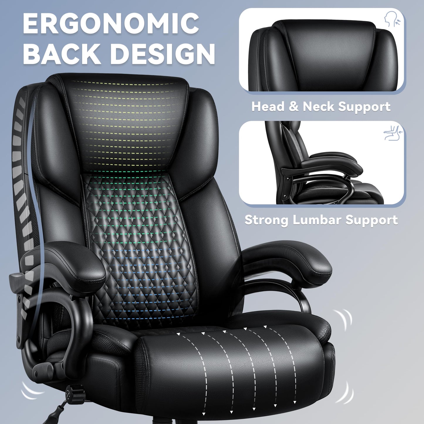 Big and Tall Office Chair 500lbs, Heavy Duty Executive Office Leather Chair for Heavy People, High Back Ergonomic Office Chair with Lumbar Support & Quiet Rubber Wheels, Extra Padded Seat, Black