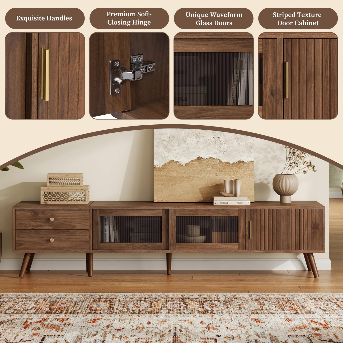 Merax Modern 76 Inch TV Stand for 85 Inch TV, Wood Grain Media Console with Glass Doors, Storage Cabinets & Drawers, Entertainment Center for Living Room Bedroom