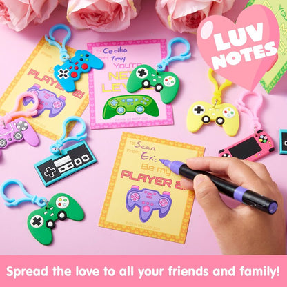 JOYIN 28 Pcs Valentines Day Gift Cards with Video Game Keychains, Multi Colored Keychains & Cards with 7 Designs, Valentine Treat Goodie Bag Stuffers for Kids Classroom School Exchange Prizes
