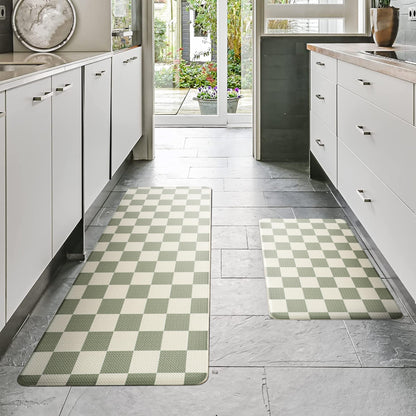 VivaNest Beige Sage Checkered Grid Checkerboard Kitchen Rug Sets [2 PCs], Anti-Fatigue, Waterproof Non-Slip Kitchen Mats Heavy Duty Comfort Foam Rug for Kitchen, Floor, Laundry,17"x29"+17"x47"