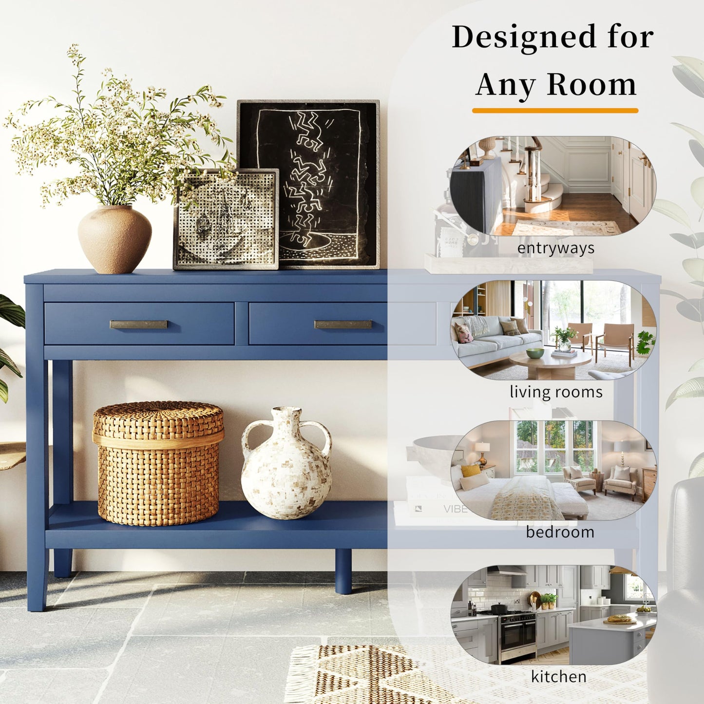 Merax Entryway Console Table, with 3 Storage Drawers, Bottom Shelf Design/Wood Frame/Behind Couch & Sofa, Blue