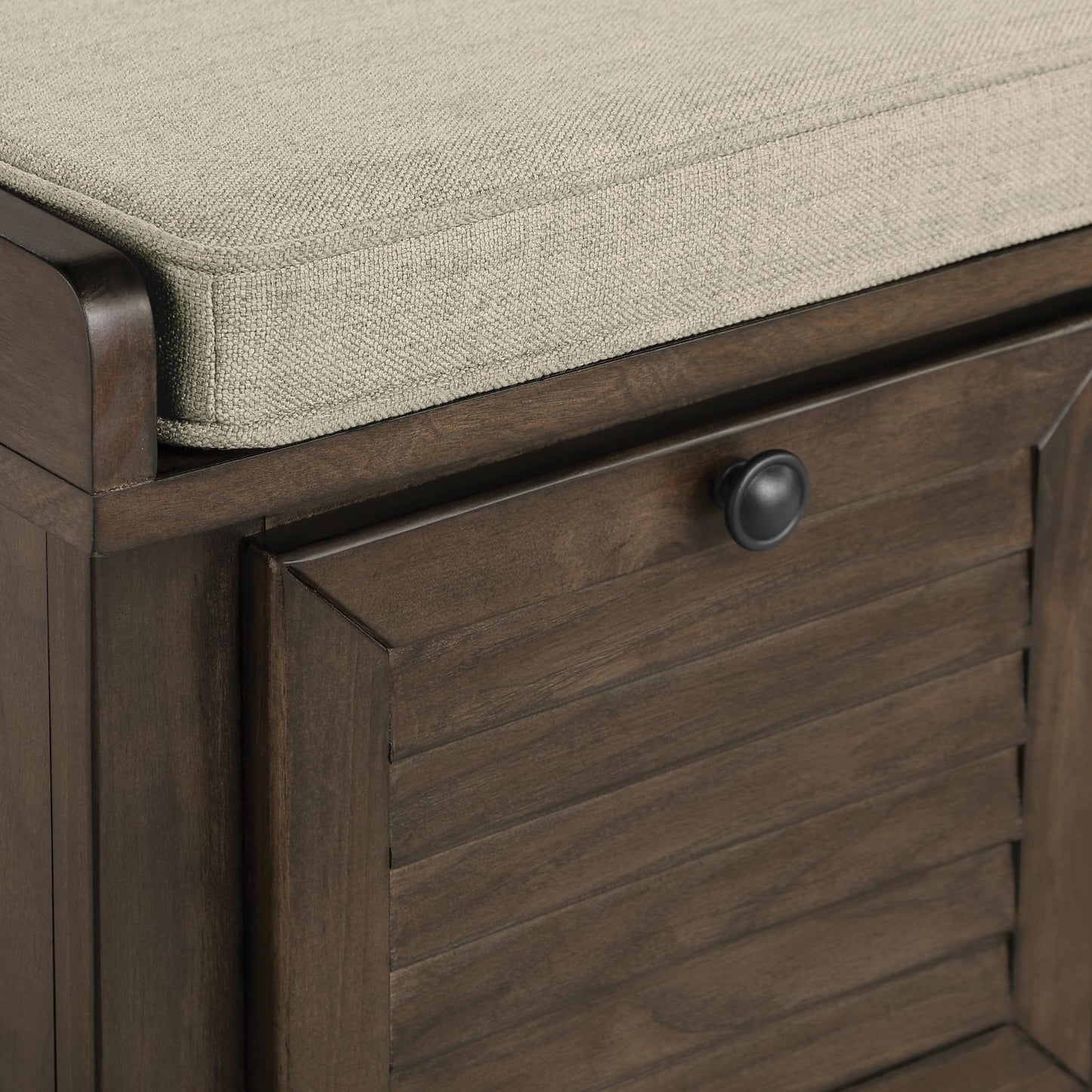 OSP Home Furnishings Dover Coastal Lift-Top Storage Bench with Shutter Face Styling, Dark Walnut Finish with Beige Fabric Cushion