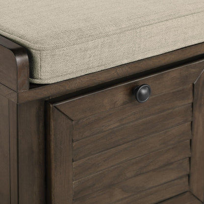 OSP Home Furnishings Dover Coastal Lift-Top Storage Bench with Shutter Face Styling, Dark Walnut Finish with Beige Fabric Cushion
