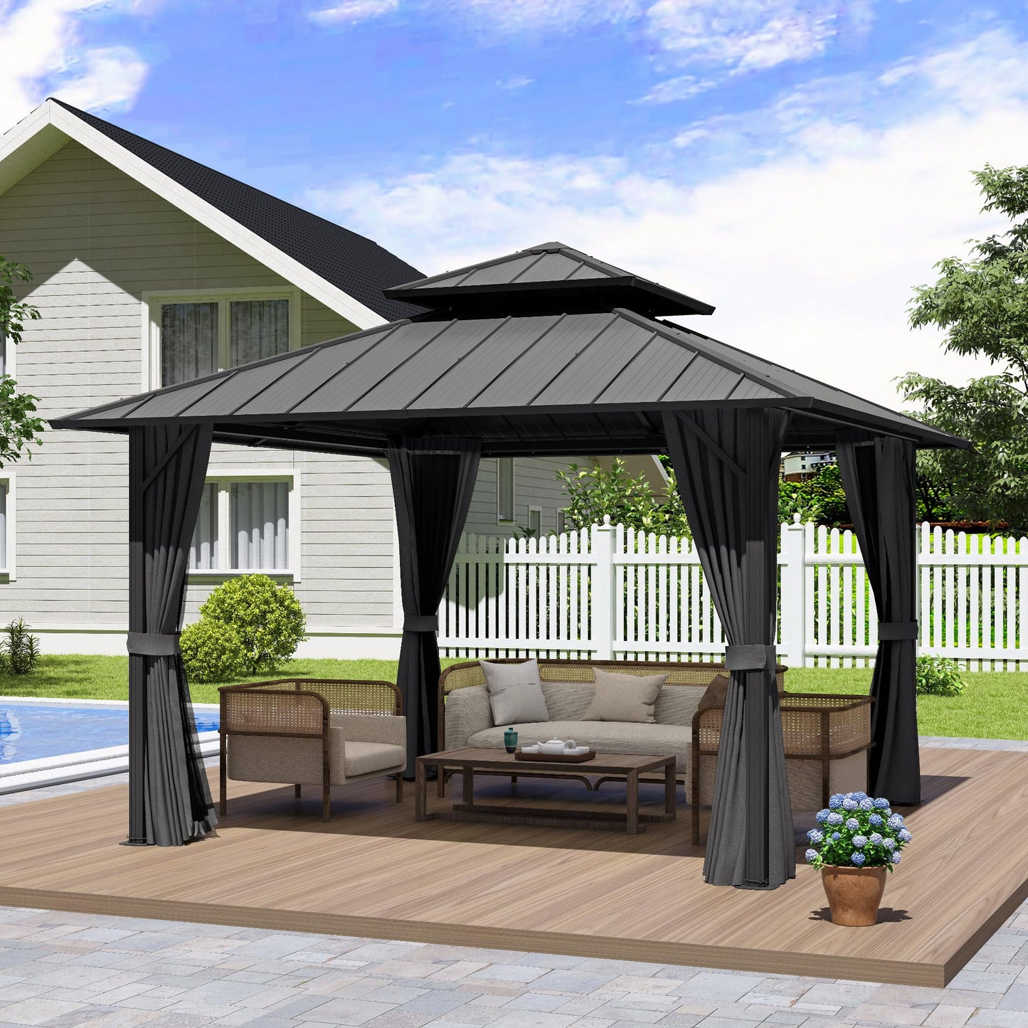 LUXIJOY 12' x 12' Hardtop Gazebo, Aluminum Frame with Double Galvanized Steel Roof, Outdoor Metal Gazebo with Netting & Curtains for Backyard, Garden, or Deck, Grey