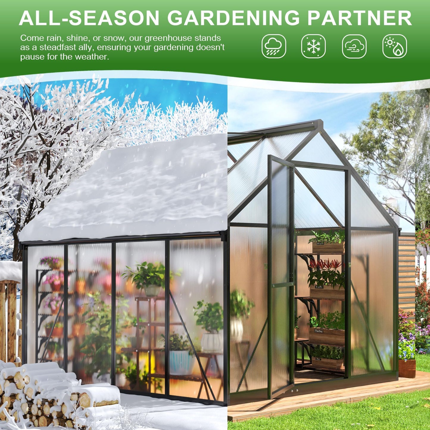 Polar Aurora 10X18 FT Polycarbonate Greenhouse for Outdoors, Walk-in Aluminum Green House with Quick Setup Structure and Roof Vent for Outside Garden Backyard, Black