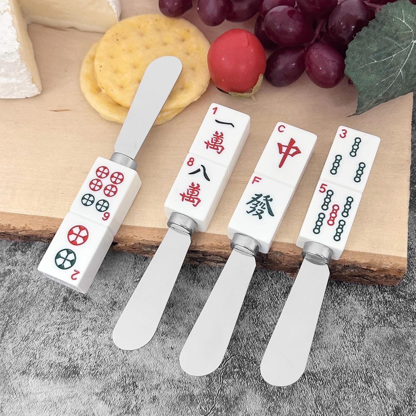 Mahjong Tile Cheese Spreaders - Hand-Painted Resin Handles with Stainless Steel Blades, Set of 4 Assorted Designs