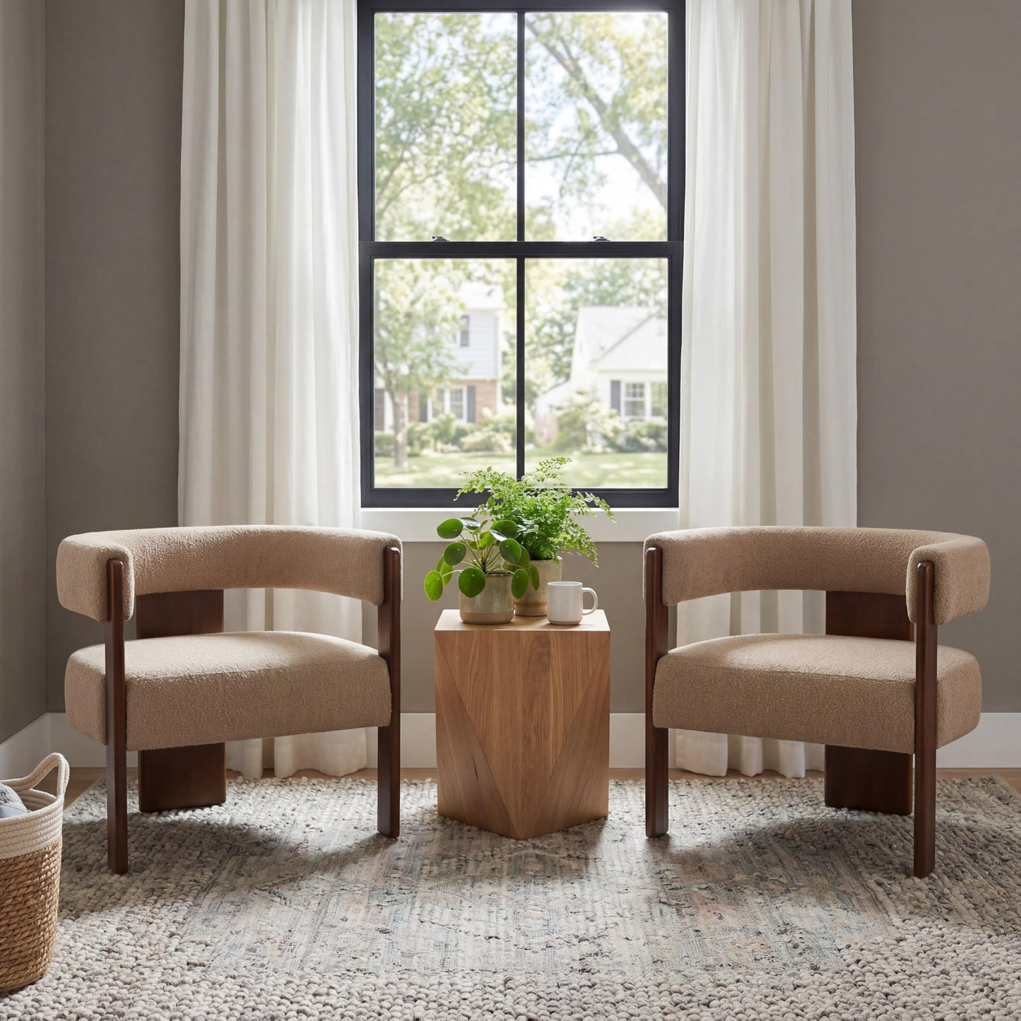 Christopher Knight Home Nettie Set of 2 Modern Accent Chair for Living Room, Boucle Single Lounge Sofa Chair with Wood Frame, Comfy Reading Chair, Lounge Armchair with Cushion, Light Camel + Walnut