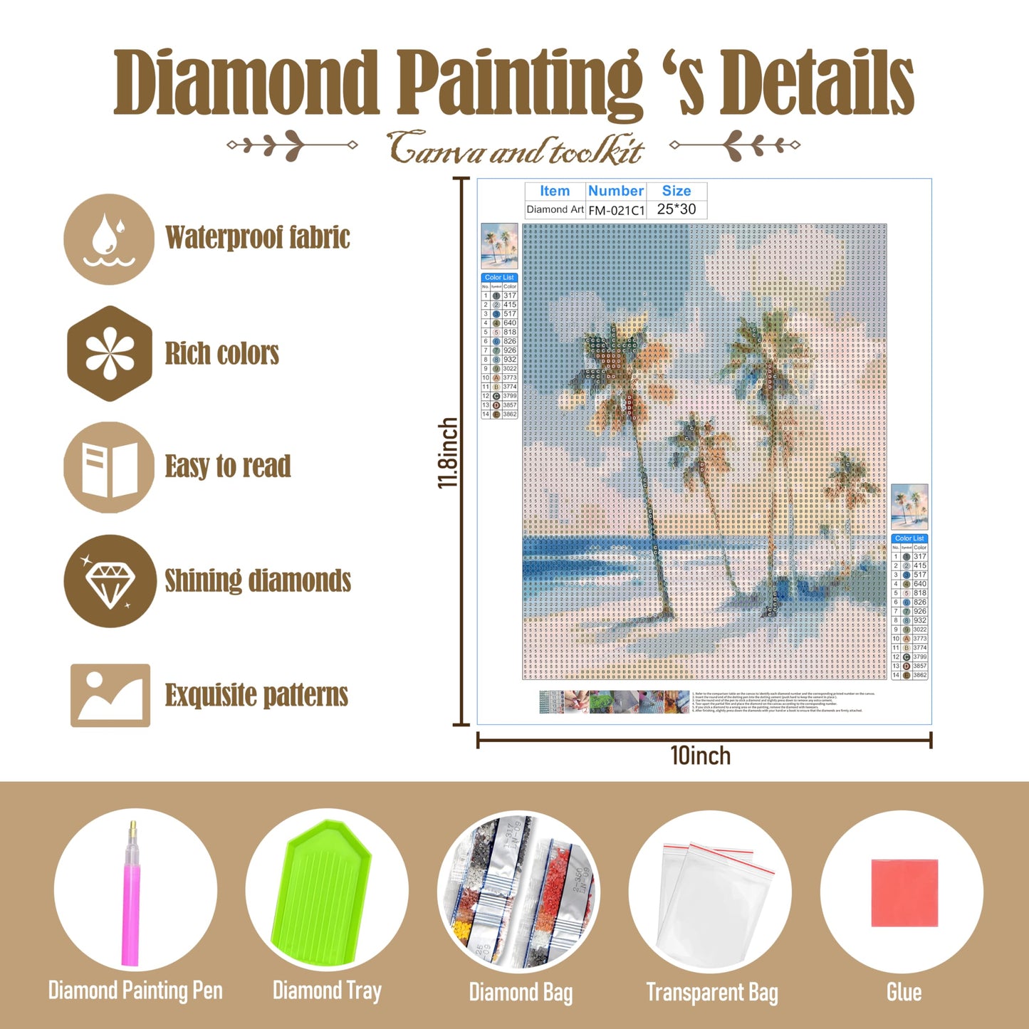 Kemingni 3 Pack Pastel Ocean Beach Diamond Painting Kit, Tropical Palm Tree Nautical Sailboat Oysters Diamond Art Kits for Adults Beginners, Full Drill Gem Painting for Home Wall Decor, 9.8x11.8 Inch