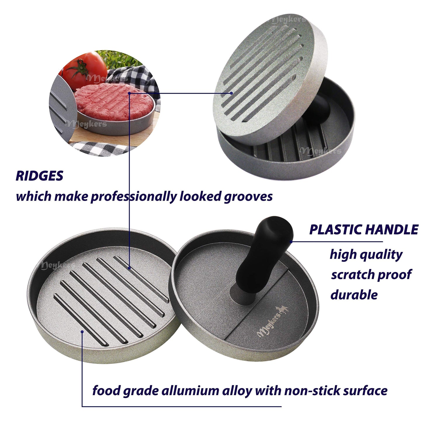 Meykers Burger Press 100 Patty Papers Set | Non-Stick Hamburger Press Patty Maker Mold with Free Wax Paper Sheets | Meat Beef Cheese Veggie Burger Maker for Grill Griddle BBQ Barbecue | BPA Free