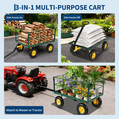 Heavy Duty 1500 Lbs Mesh Steel Garden Cart, Folding Utility Wagon with Removable Sides & All-Terrain Wheels, 3-in-1 ATV Trailer for Garden, Lawn and Farm Hauling