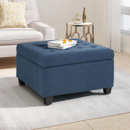 YOPTO 31" Square Storage Ottoman,Linen Footrest with Wooden Legs,Upholstered Button Tufted Coffee Table for Living Room,Navy Blue