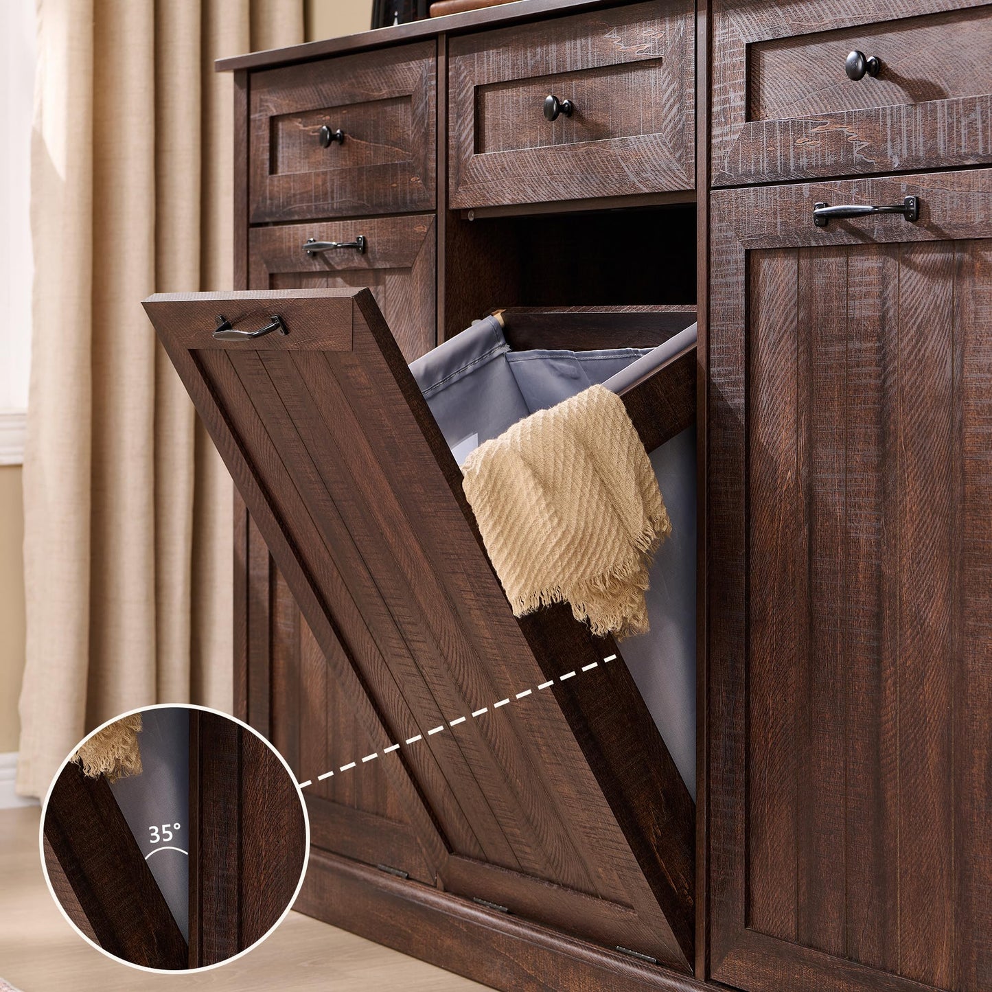 IFGET Triple Tilt Out Trash Can Cabinet, 20 Gallon Farmhouse Laundry Hamper Cabinet w/3 Drawers & Adjustable Shelf, Hidden Wooden Trash Can Cabinets with Storage Basket for Kitchen (Brown)