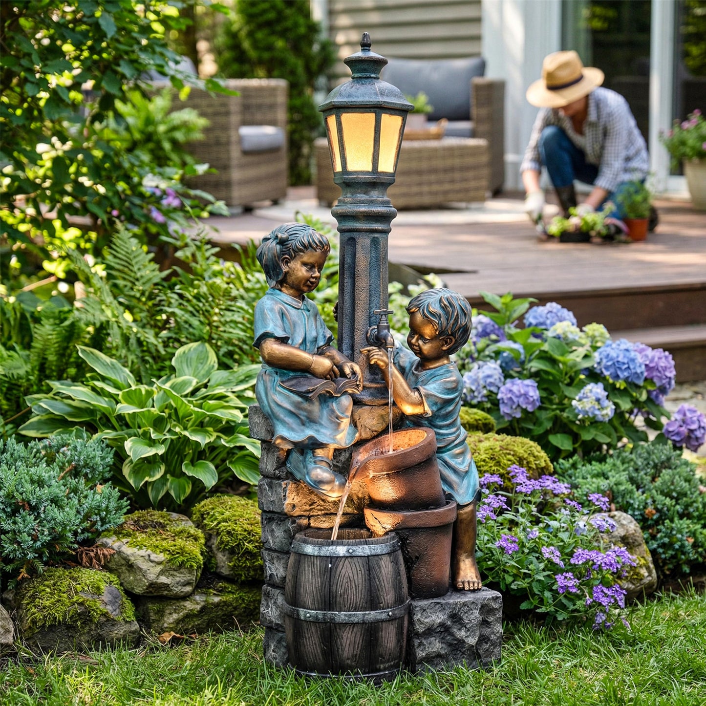 Dalxo 47-Inch Outdoor Water Fountain, 3-Tier Boy and Girl Resin Waterfall Fountain, with Soothing Water Sound & 3 Warm LED Lights, Home Decor for Garden, Patio, Yard, Deck or Lawn in Brown and Blue
