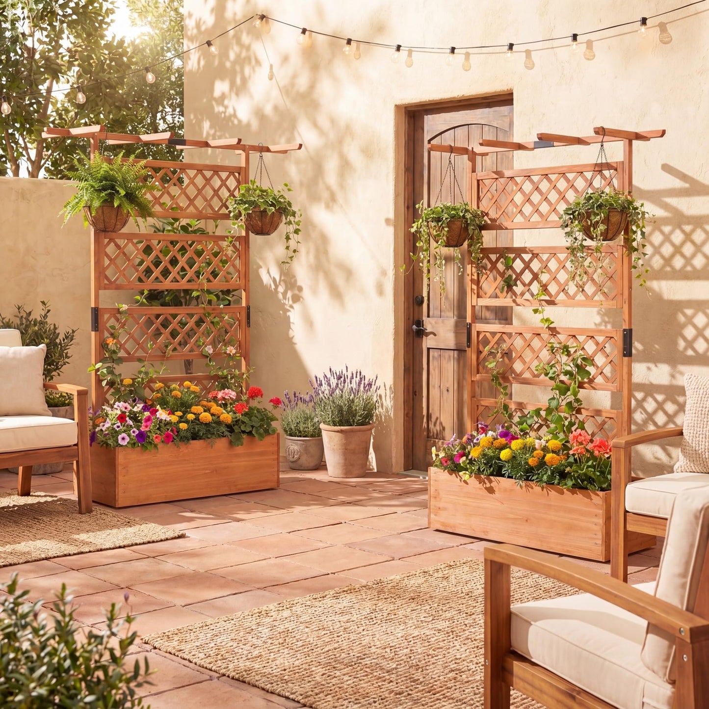 COSTWAY Wooden Raised Garden Planter with Trellis and Roof, 72" Freestanding Privacy Screen & Climbing Plant Support for Outdoor Patio, Balcony, Vegetable, Herb, and Flower Gardening (Brown,2)