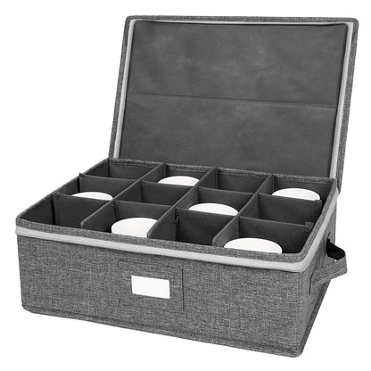 popoly Mug Storage Box with dividers, China Coffee Cup Storage Containers with Zipper Lid and Rivet Reinforced Handles, Holds 12 Coffee Mugs and Tea Cups, Structured Top and Stackable (Grey)
