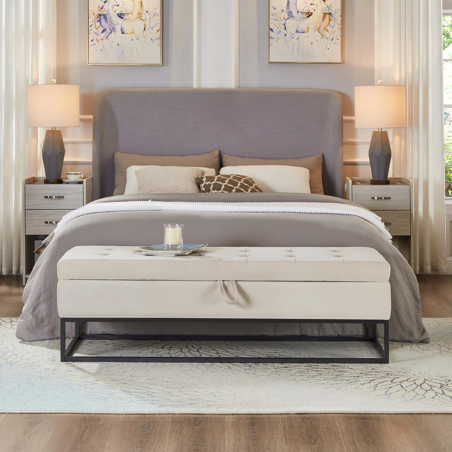 GDFStudio 59" Mid-Century Modern Bed Bench, Storage Ottoman Bench, Large Button Tufting Lift-Top Velvet Ottoman Foot Rest with Metal Base, Upholstered Oversized Pouf for Living Room Bedroom, Beige