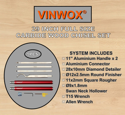 VINWOX 9 PCS Carbide Wood Lathe Turning Tool Set, Pen Turning tools, Including Swan Neck Hollower, Rougher, Finisher, Detailer, Aluminum Handles from 14" to 29", Fine Polished Stainless Steel Shank
