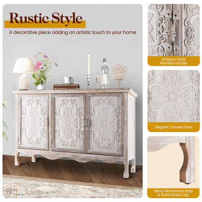 FansaFurn Accent Storage Cabinet with 3 Carved Doors and Shelves, Farmhouse Sideboard Buffet Sideboard with Storage, Wood Kitchen Cabinet for Living Room, Entryway, Dining Room and Kitchen, Wash Grey