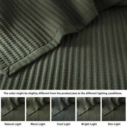 WDCOZY Olive Green Queen Size Quilt Set, Striped Pick Stitch Lightweight Bedspread, Soft Channel Farmhouse Rustic Coverlet, Spring Summer Thin Comforter, Country Bedding, 90x90 inches