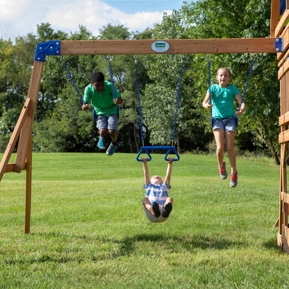 Backyard Discovery Beach Front Cedar Wood Swing Set with Wave Slide, Play Deck, Monkey Bars, Rock Wall Ladder, Shaded Picnic Area, Snack Bar, Belt Swings, Trapeze, Sandbox Area, Outdoor Playset