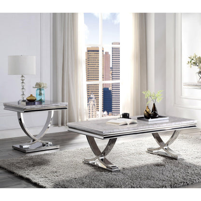 Furniture of America Obera 18mm Faux Marble Top 2-Piece Coffee Table Set with X-Shaped Base, Metal Construction, Home Decor for Living Room, Lounge Area, Office, Chrome