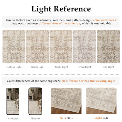 WondRg 9x12 Beige Washable Modern Area Rug Living Room Non Slip Low Pile Floral Extra Large Rug Vintage Traditional Stain Resistant Carpet Bedroom Office Indoor Playroom