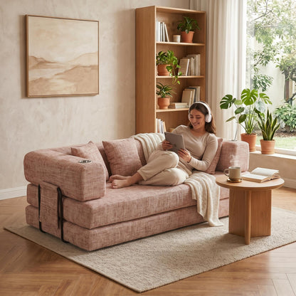 5-in-1 Convertible Sofa Bed Sleeper, 79" Corduroy Floor Couch with 4 Pillows, Boneless Deep Seat Futon Mattress, No Assembly, Modern Lounge Sofa for Living Room, Apartment, Small Spaces, Dark Gray