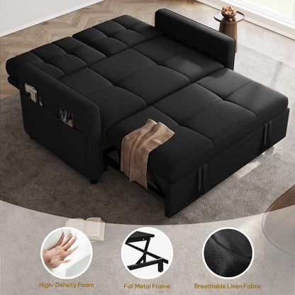 DWVO 55" Convertible Sofa Bed, 3-in-1 Sleeper Sofa with Pull-Out Bed, Linen Futon Couch with Adjustable Backrest and Side Pocket, Modern Loveseat for Living Room Apartment, Balck