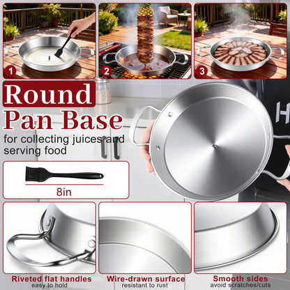 Al Pastor Skewer for Grill, HaSteeL Stainless Steel Shawarma Pan, Vertical Skewer Stand with 3 Removable Spikes(8"/10"/12") & Brush, Ideal for Tacos Al Pastor, Gyros, Shawarma Kebabs, Dishwasher Safe