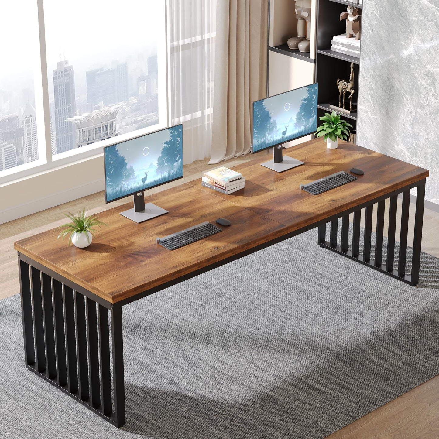 Tribesigns 78.74" Extra Long Computer Desk for 2 Person, Double Long Desk with Heavy Duty Metal Frame, Double Workstation Study Table for Home Office (Without Chair) (Brown & Black)