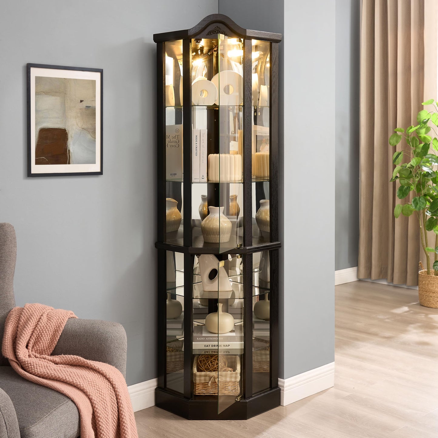 KEIKI 72" Corner Glass Display Cabinet with Adjustable Shelves, for Collectibles, Storage Curio Cabinet with Arched Floral Carving Decoration, 6-Tier Showcase Display Case, for Living Room, Black