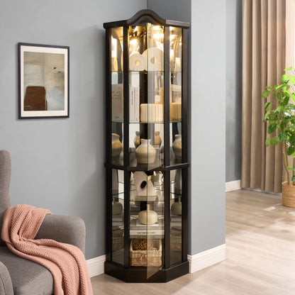 KEIKI 72" Corner Glass Display Cabinet with Adjustable Shelves, for Collectibles, Storage Curio Cabinet with Arched Floral Carving Decoration, 6-Tier Showcase Display Case, for Living Room, Black